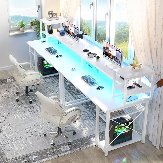 Gaming Desk with Lights & Power Outlets, 47.2' Computer Desk with Shelves, Small Desk for Small Space, Writing Desk with Monitor Stand, White - LeafyLoom