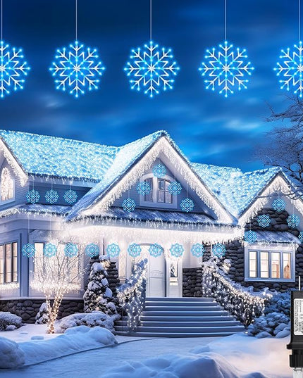Christmas Snowflake Icicle Lights Outdoor - Plug-in 10.5ft 5 Drops 240LED Snowflake Window Lights with 8 Modes, Hanging Lights for Indoor Outdoor Porch Eaves Rooftops Christmas Decor, Blue and White Brightown