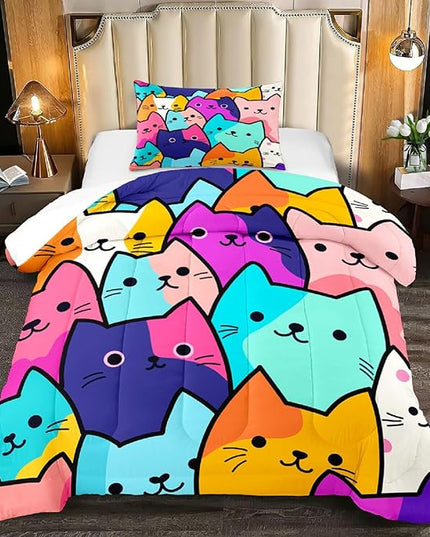 Cat Comforter Set Twin - Twin Size Comforter Set for Girls Cat Kids Cute Cat Bedding Twin Colorful Cartoon Cat Theme Bedding Sets, 1 Comforter+1 Pillowcase - LeafyLoom