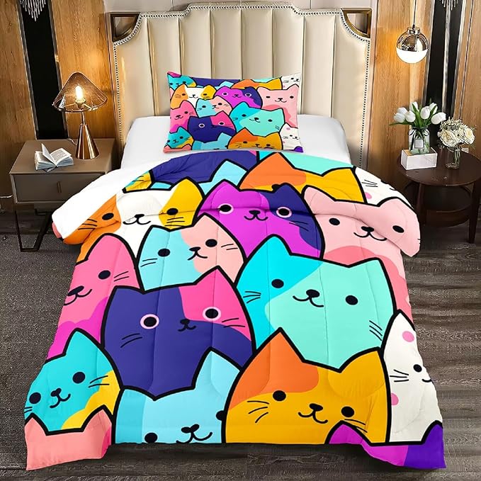 Cat Comforter Set Twin - Twin Size Comforter Set for Girls Cat Kids Cute Cat Bedding Twin Colorful Cartoon Cat Theme Bedding Sets, 1 Comforter+1 Pillowcase - LeafyLoom