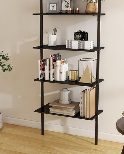 Panana 6 Tier Tall Modern Bookshelf, Industrial Ladder Shelf Open Space Wall Mount Bookshelf with Metal Frame Sturdy Bookcase for Living Room (Black, 6-Tier) - LeafyLoom