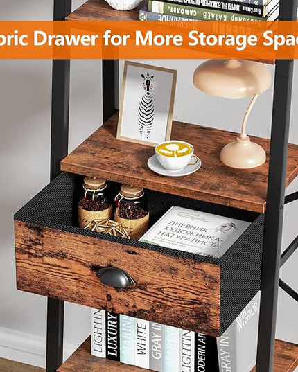 Furologee 4 Tier Ladder Shelf, Narrow Ladder Book Shelf with Drawer, Modern Bookcase Freestanding Shelf Units, Storage Shelves Organizer for Bedroom, Living Room, Bathroom, Home Office, Rustic Brown - LeafyLoom