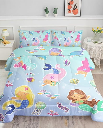 Datura home Girls Mermaid Comforter Set for Girls Women,Kawaii Mermaid Girls Play with Fish Printed Pattern Blue Kawaii Bedding Set with 2 Pillowcases(Girls Twin) - LeafyLoom