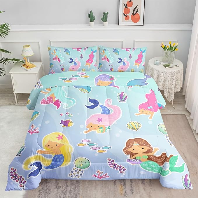 Datura home Girls Mermaid Comforter Set for Girls Women,Kawaii Mermaid Girls Play with Fish Printed Pattern Blue Kawaii Bedding Set with 2 Pillowcases(Girls Full) - LeafyLoom