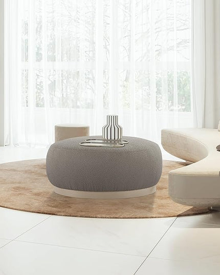 Round Ottoman Coffee Table, Modern Boucle Upholstered Center Table for Living Room Circle Accent Coffee Table for Bedroom Entryway Office - LeafyLoom