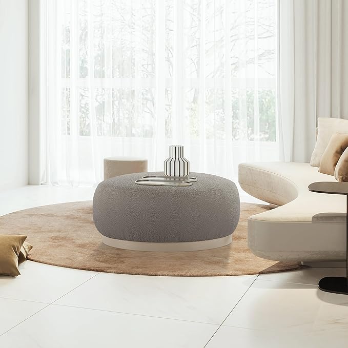 Round Ottoman Coffee Table, Modern Boucle Upholstered Center Table for Living Room Circle Accent Coffee Table for Bedroom Entryway Office - LeafyLoom
