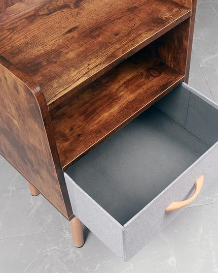 LUCKNOCK NightStand with Fabric Drawer, Bedside Table with Solid Wood Legs, Minimalist and Practical End Side Table with Open Storage Shelf for Bedroom, Rustic Brown. - LeafyLoom
