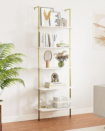 5 Tiers Ladder 2-Piece Shelf White Marble Modern Bookshelf Open Tall Wall Mount Bookcase Standing Leaning Wall Shelves Industrial Decorative - LeafyLoom