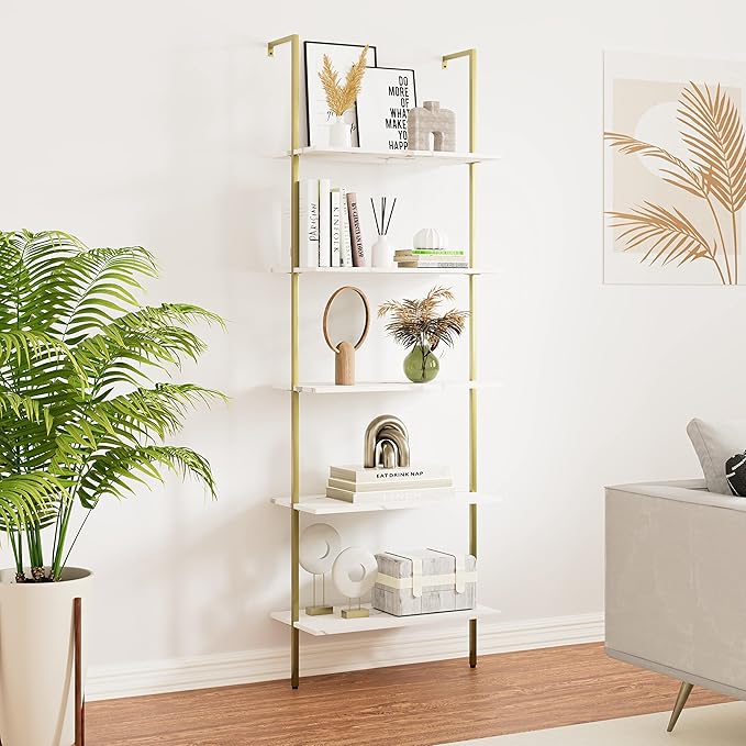 5 Tiers Ladder 2-Piece Shelf White Marble Modern Bookshelf Open Tall Wall Mount Bookcase Standing Leaning Wall Shelves Industrial Decorative - LeafyLoom