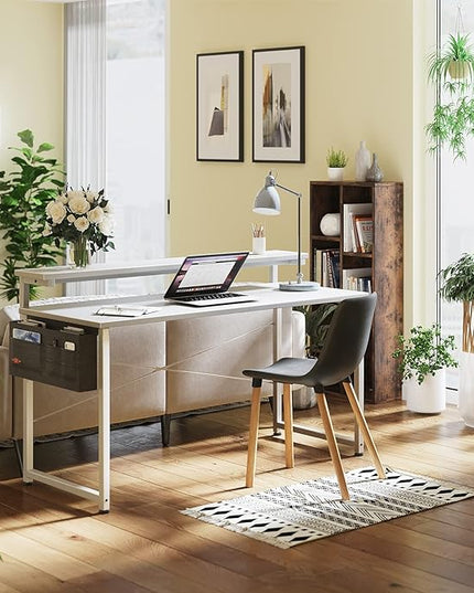 ODK Computer Desk with Adjustable Monitor Shelves, 55 inch Home Office Desk with Monitor Stand, Writing Desk, Study Workstation with 3 Heights (10cm, 13cm, 16cm), White + White leg - LeafyLoom