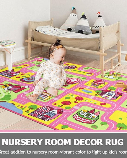 Capslpad Kid Rug for Playroom Pink Play Rug Traffic Road Car Play Mat 5.2x3.3 ft Educational Learning Area Rug Washable Kids Carpet for Children Girls Bedroom,Playroom,Nursery Room Decor - LeafyLoom