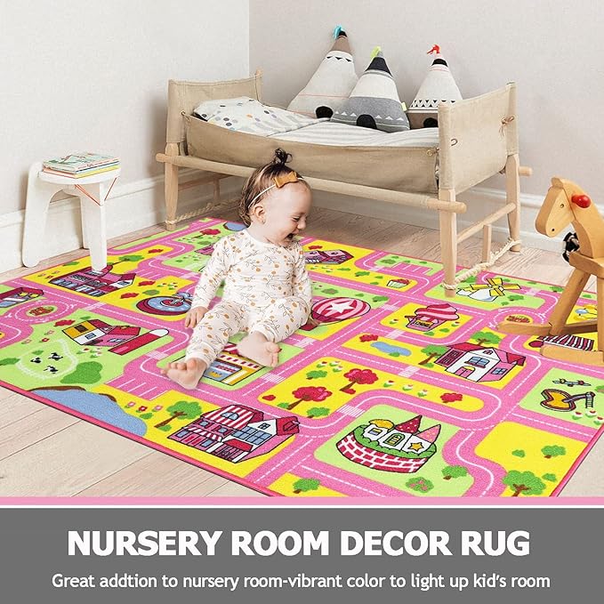 Capslpad Kid Rug for Playroom Pink Play Rug Traffic Road Car Play Mat 5.2x3.3 ft Educational Learning Area Rug Washable Kids Carpet for Children Girls Bedroom,Playroom,Nursery Room Decor - LeafyLoom