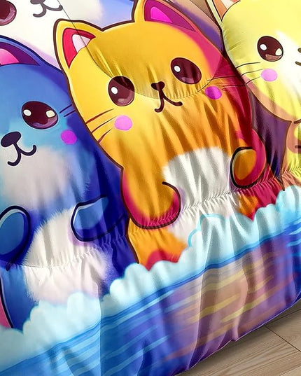 Rainbow Cat Comforter Full Size - Rainbow Cat Bedding for Girls Room Cute Cartoon Rainbow Bedding Full Comforter Sets for Kids, 1 Comforter+2 Pillowcases - LeafyLoom