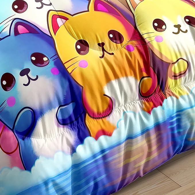 Rainbow Cat Comforter Twin Size - Rainbow Cat Bedding for Girls Room Cute Cartoon Rainbow Bedding Twin Comforter Sets for Kids, 1 Comforter+1 Pillowcase - LeafyLoom