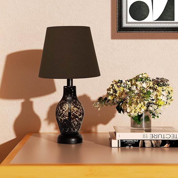 Small Bedside Table Lamp Set of 2, Wine Bottle Shape Glass Body, Warm Ambient Lighting, Bulb Included, 14" Height, Black - LeafyLoom