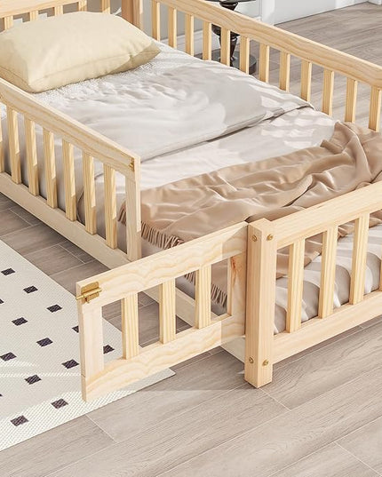 Twin Size Kids Montessori Floor Bed,House-Shaped Headboard Floor Bed for Kids,Floor Bed with Fence and Door,House Bed Twin Frame for Girls,Boys(Twin,Natural) - LeafyLoom
