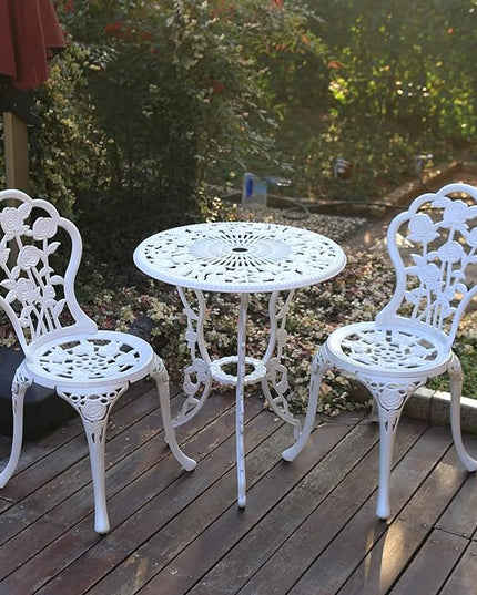 3 Piece Bistro Set,Outdoor Patio Set,Anti-Rust Cast Aluminum Bistro Table Set for Park Yard Front Porch Furniture(White) - LeafyLoom