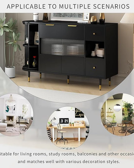 51.1" Rotating Storage Cabinet Sideboard with 2 Doors of Tempered Changhong Glass and 2 Drawers,Wooden Console Table,w/Built-in Shelves & Turntable,for Living Room,Black - LeafyLoom