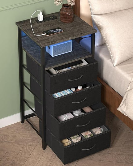 Fixwal Dressers for Bedroom Night Stand with Charging Station, LED Tall Nightstand with USB Ports and Outlets, 4 Fabric Storage Drawers with PU Finish, Small Dresser Bed Side Table, Charcoal Gray - LeafyLoom
