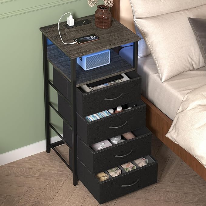 Fixwal Dressers for Bedroom Night Stand with Charging Station, LED Tall Nightstand with USB Ports and Outlets, 4 Fabric Storage Drawers with PU Finish, Small Dresser Bed Side Table, Charcoal Gray - LeafyLoom