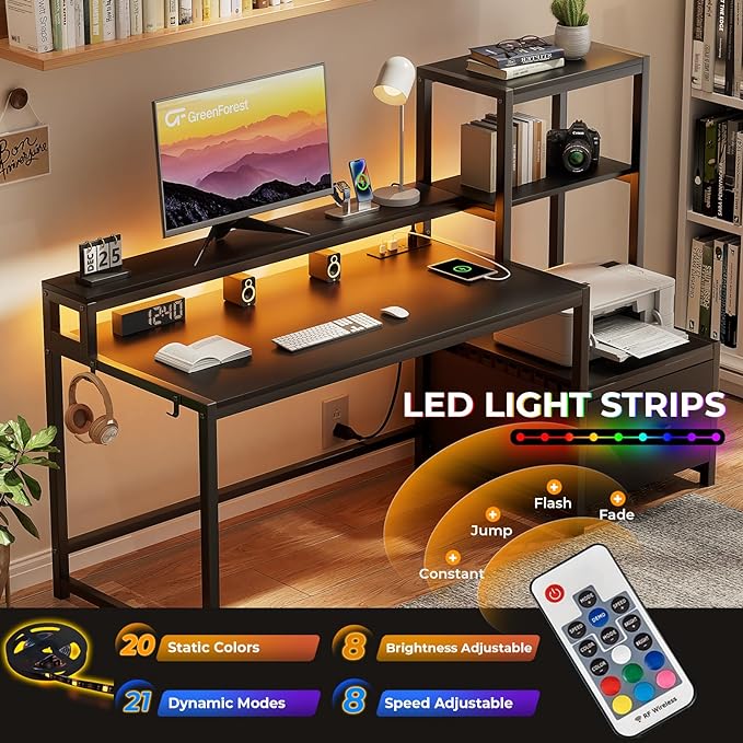 GreenForest Computer Desk with Drawer and Printer Shelf, 68.8 inch Gaming Desk with LED Lights and Power Outlets, Home Office Desk with Storage for Study Writing Working,Black - LeafyLoom