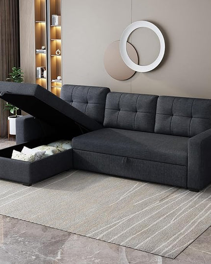 L Shaped Pull Out Couch with Storage Chaise,Convertible Sectional Sleeper Sofa Bed W/ 3 Removable Back Cushions for Living Room,Office,Apartment,Dark Grey,81.5" - LeafyLoom