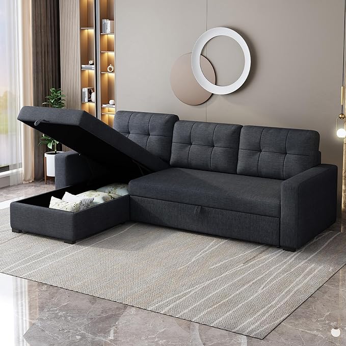 L Shaped Pull Out Couch with Storage Chaise,Convertible Sectional Sleeper Sofa Bed W/ 3 Removable Back Cushions for Living Room,Office,Apartment,Dark Grey,81.5" - LeafyLoom