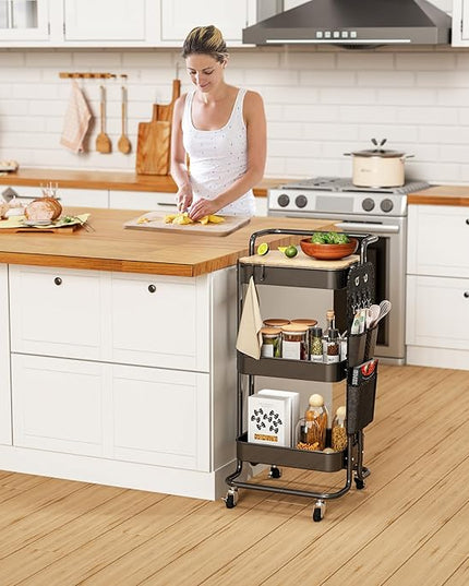 DTK 3 Tier Metal Utility Rolling Cart with Table Top and Side Bags, Tray Storage Organizer Wheels, Art Craft 4 Hooks for Kitchen Bathroom Office Living Room (Black) - LeafyLoom
