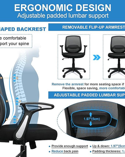 KOLLIEE Mid Back Mesh Office Chair Ergonomic Swivel Black Desk Office Chair Flip Up Armrests with Lumbar Support Adjustable Height Computer Task Chairs - LeafyLoom
