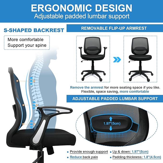 KOLLIEE Mid Back Mesh Office Chair Ergonomic Swivel Black Desk Office Chair Flip Up Armrests with Lumbar Support Adjustable Height Computer Task Chairs - LeafyLoom