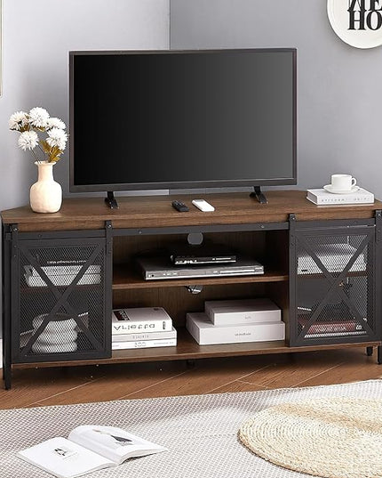 HOMISSUE Corner TV Stand, Corner TV Stand for 55 60 Inch TV, Industrial & Farmhouse Corner Entertainment Center w/Sliding Barn Door, Corner TV Cabinet for Living Room, Brown - LeafyLoom