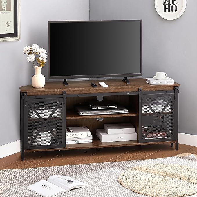 HOMISSUE Corner TV Stand, Corner TV Stand for 55 60 Inch TV, Industrial & Farmhouse Corner Entertainment Center w/Sliding Barn Door, Corner TV Cabinet for Living Room, Brown - LeafyLoom