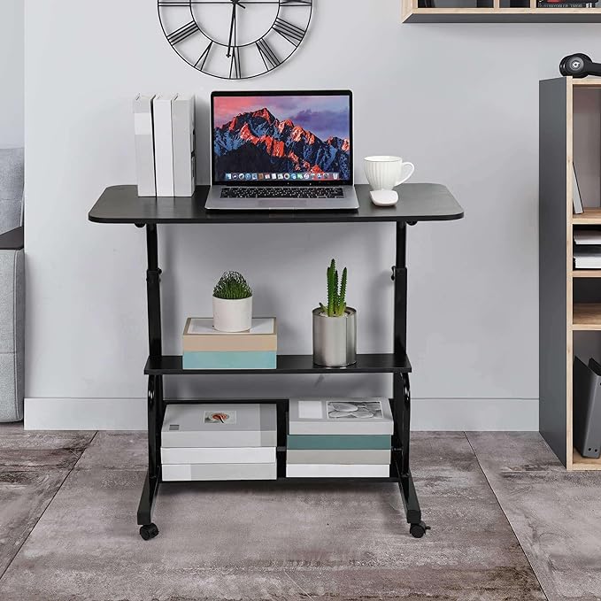 Home Office Rolling Desk Small Spaces Sofa Bedroom Bedside Adjustable Table Student Computer Wall Desk Portable Learn Play Game Desk on Wheels Movable with Storage Size 31.5 * 15.7 Inch Black C - LeafyLoom