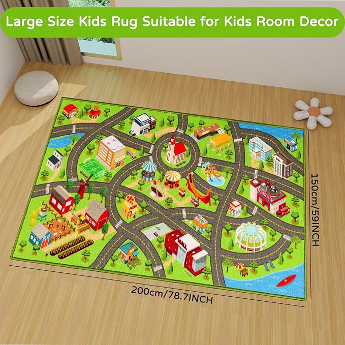 Kids Rugs Traffic Road Carpet for Car City Map Play Rug 5'×6.7' for Playroom Educational Mat Area Rug, Kid Playtime Collection Toddler Car Track Rug Cute Cartoon (City Road B, 59×78.7 in) - LeafyLoom