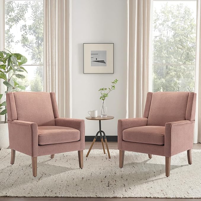 COLAMY Modern Wingback Living Room Chair, Upholstered Fabric Accent Armchair, Single Sofa chair with Lounge Seat and Wood Legs for Bedroom/Office/Reading Spaces, Pink - LeafyLoom