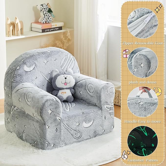 Toddler Chair Kids Plush Chair Sherpa Kids Chairs, Toddler Couch Bean Bag Chairs for Kids Gaming Chair for Kids Glow in The Dark,Starry Sky Grey - LeafyLoom