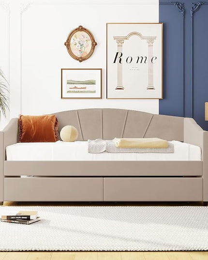 Twin Size Upholstered Daybed with Two Drawers, Wood Slat Support Sofa Bed with Armrest, No Box Spring Needed, Easy to Assemble, for Studio, Bedroom, Living, Guest Room, Beige - LeafyLoom