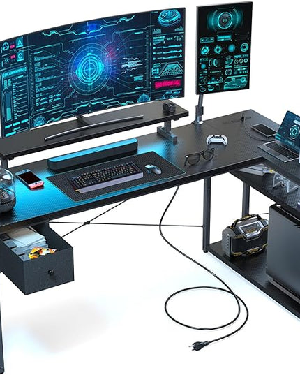 L Shaped Gaming Desk, 63 Inch Computer Desk with Adjustable Stand & RGB Lights, Corner Desk for Power Outlet, Carbon Fiber Texture, Gaming Room - LeafyLoom