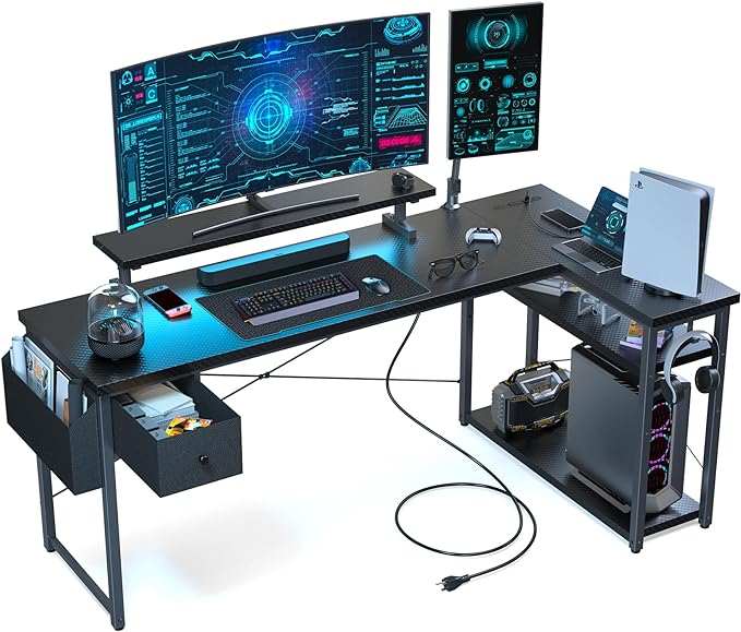 L Shaped Gaming Desk, 63 Inch Computer Desk with Adjustable Stand & RGB Lights, Corner Desk for Power Outlet, Carbon Fiber Texture, Gaming Room - LeafyLoom