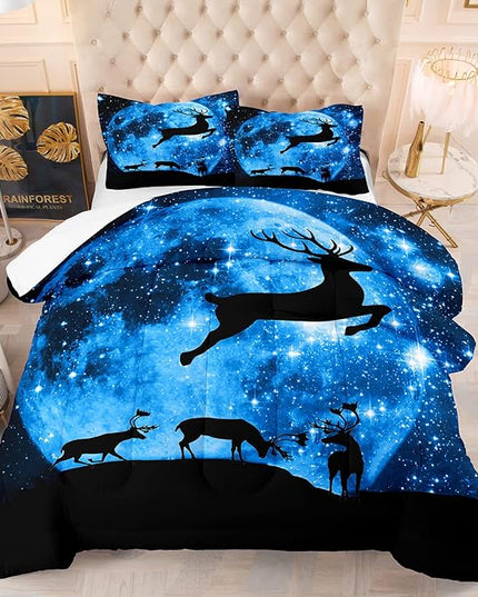 NINENINE Galaxy Deer Comforter Queen Size for Boys Girls Kids,Blue Moonlight Bedding Sets,Outer Space Bedding Set with 1 Comforter 2 Pillowcases - LeafyLoom