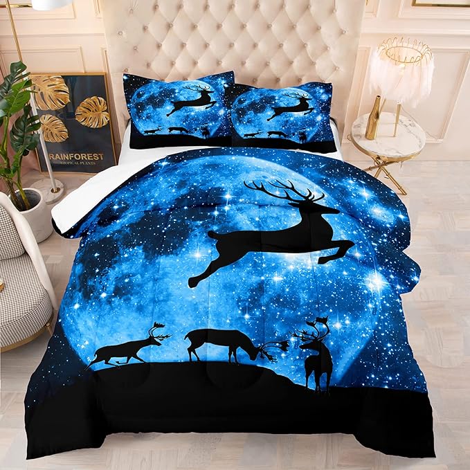 NINENINE Galaxy Deer Comforter Queen Size for Boys Girls Kids,Blue Moonlight Bedding Sets,Outer Space Bedding Set with 1 Comforter 2 Pillowcases - LeafyLoom