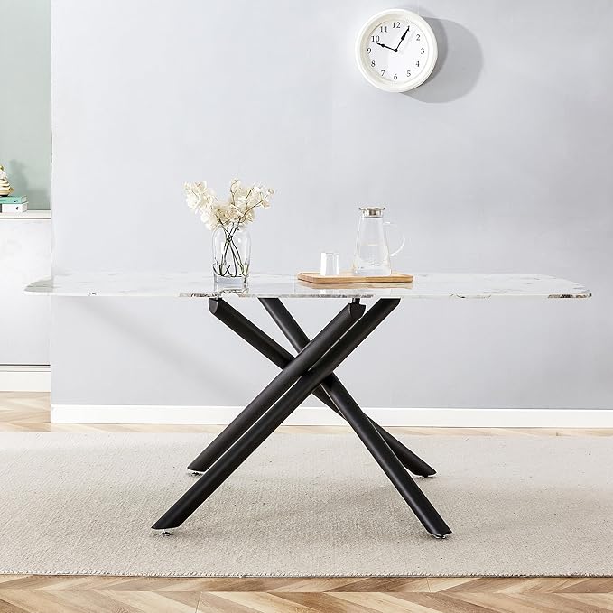 NicBex Large Rectangular Imitation Marble Dining Table 6-8 Seats Black Artificial Marble Countertop Smooth Chrome Legs Sleek Chrome Legs for Kitchen, Dining, Living, Meeting, Banquet, White + Black - LeafyLoom