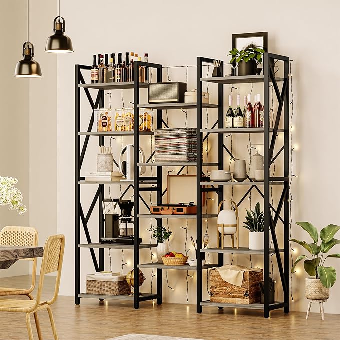 GAOMON Triple Wide 5 Tier Book Shelf, 70.8” Tall Bookcase with 14 Open Shelves, Large Industrial Bookshelves and Bookcases with Metal Frame for Home Office, Study Room, Living Room-Grey - LeafyLoom