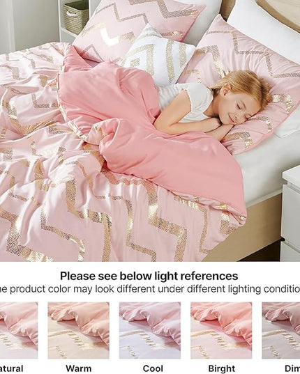 Codi Girl Bedding Sets, Queen/Full Size Comforter Set for Girls Teen/Kids, Pink/Rose Gold, 4 Piece (2 Matching Sham + 1 Decorative Pillow) - LeafyLoom