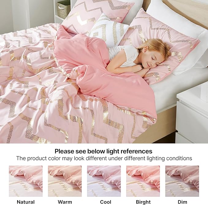 Codi King Size Bedding Sets Pink - Metallic Print Blush Comforter Set - 4 Piece includes 1 Rose Gold Comforter, 1 Decorative Pillow, 2 Pillow Cases - All Seasons Warm - LeafyLoom