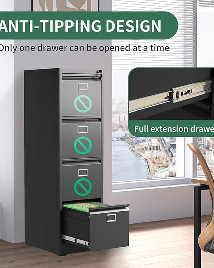 4 Drawer File Cabinet, Metal Vertical File Cabinets with Lock for Home Office, Heavy Duty Office Steel Filing Cabinet for Hanging Files for A4/ Legal/Letter,Assembly Required (Black) - LeafyLoom