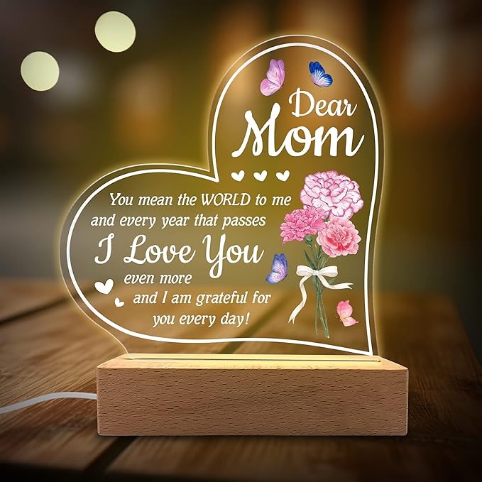 Acrylic Night Light Gift for Mother - You Mean The World to Me - Acrylic Light Gift for Mom from Son, Daughter on Mothers Day - Birthday Gifts to Mom - LeafyLoom