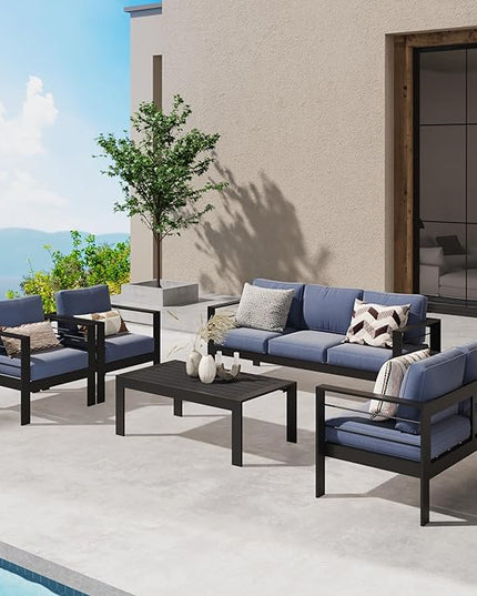 Wisteria Lane Aluminum Outdoor Patio Furniture Set, Modern Patio Conversation Sets, Outdoor Sectional Metal Sofa with 5 Inch Cushion and Coffee Table for Balcony, Garden, Black Frame and Blue Cushion - LeafyLoom