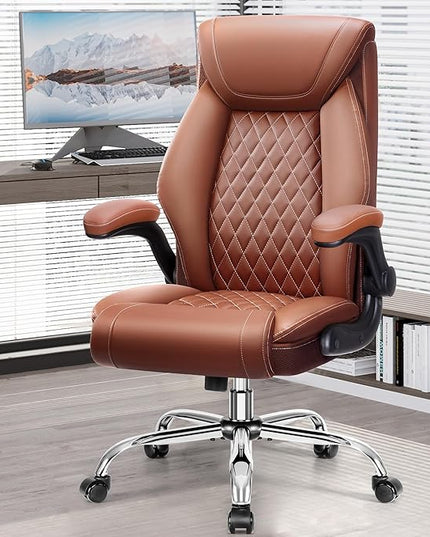 Office Chair, Ergonomic High Back Home Office Desk Chair, Big and Tall Breathable Leather Office Chair with Lumbar Support Flip-Up Armrests, Computer Chair with Rocking Function - LeafyLoom