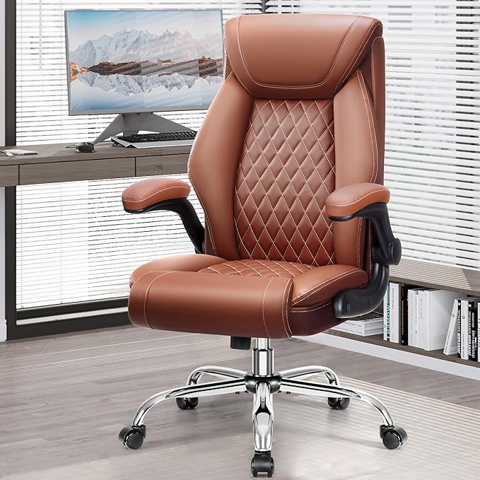 Office Chair, Ergonomic High Back Home Office Desk Chair, Big and Tall Breathable Leather Office Chair with Lumbar Support Flip-Up Armrests, Computer Chair with Rocking Function - LeafyLoom